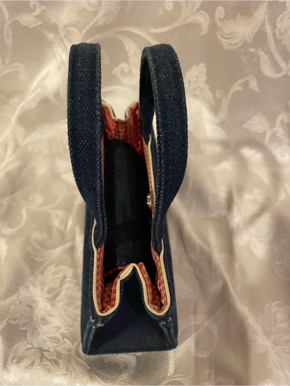 Vintage Y2K Kate Spade denim Blue Jean purse, red cottagecore gingham interior - Picture 6 of 16